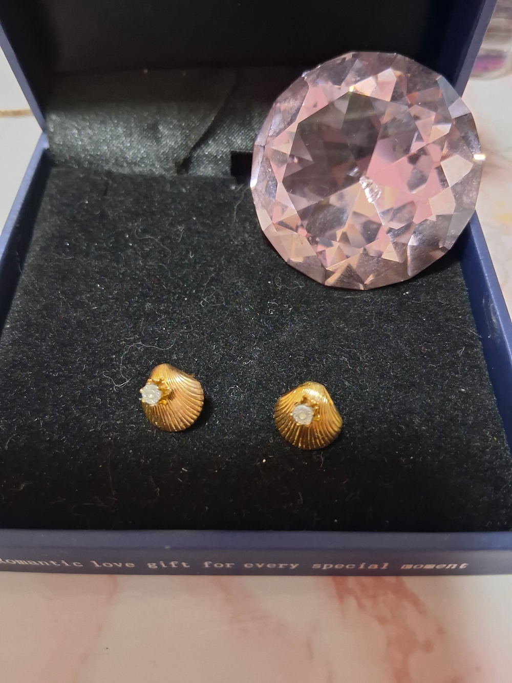 Gold Shell Stud Earrings with Clear Crystal Accent